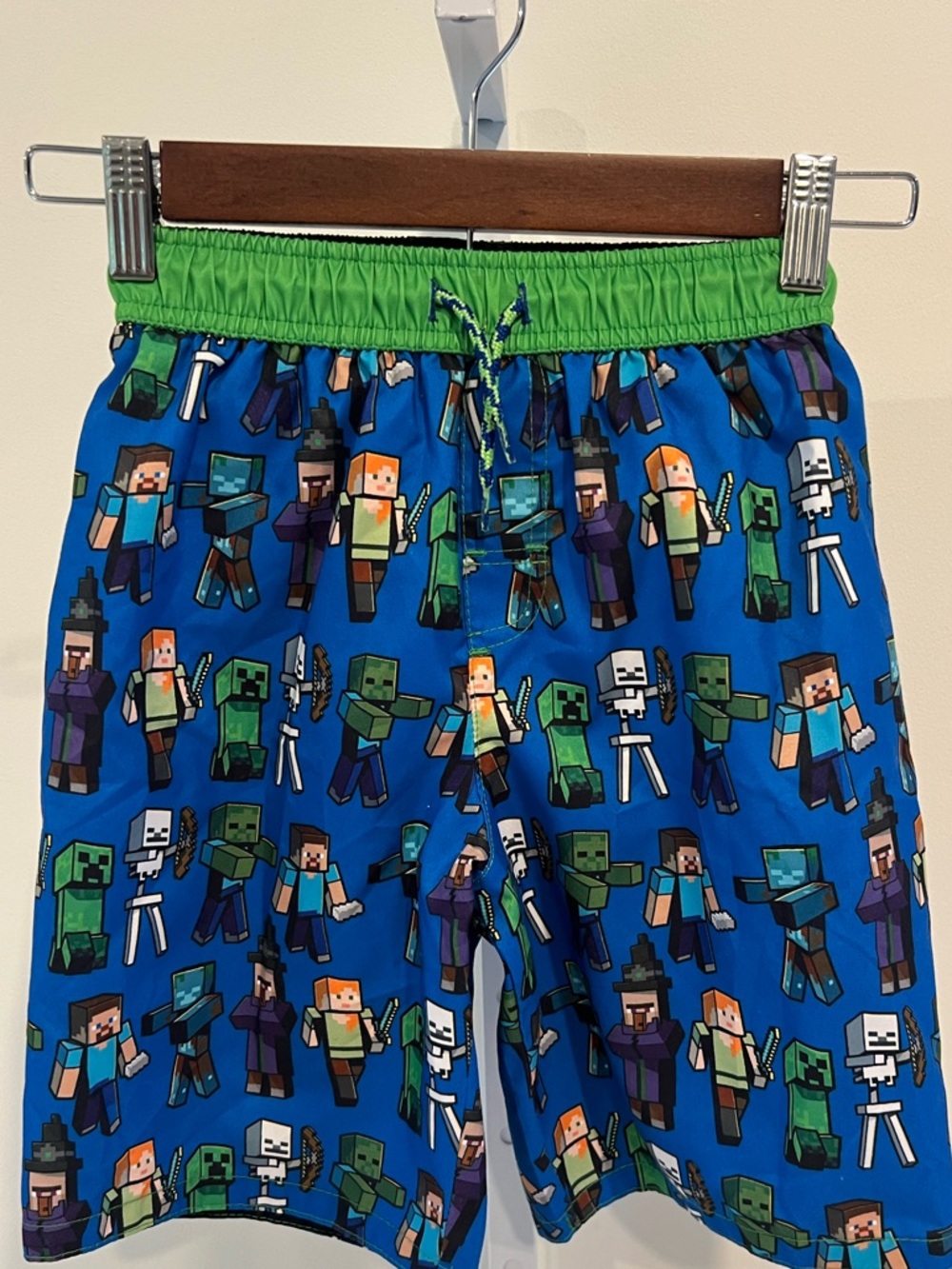 Minecraft Character Print Green and Blue Swim Trunks Shorts Boys Sz Small
